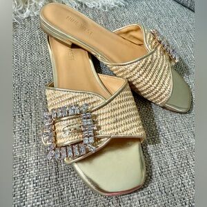 Nine West Laniey Embellish Gold Flat Slide Sandals Sz 8M